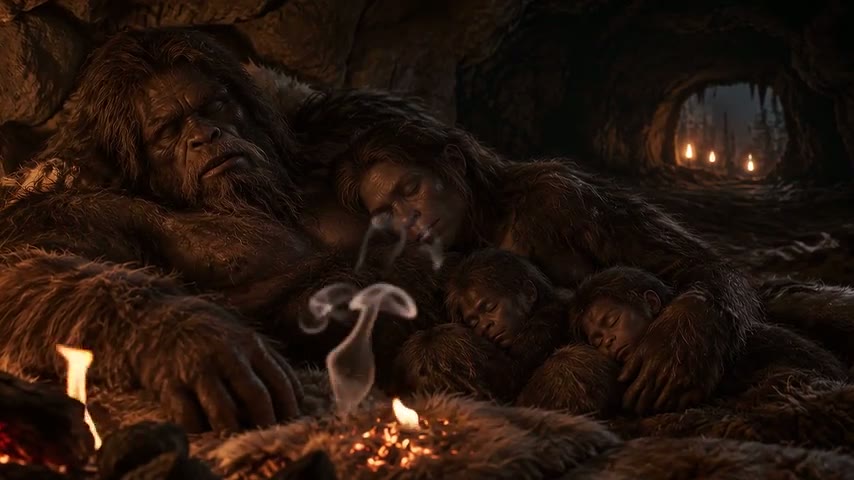 Bigfoot resting with his family in a cave